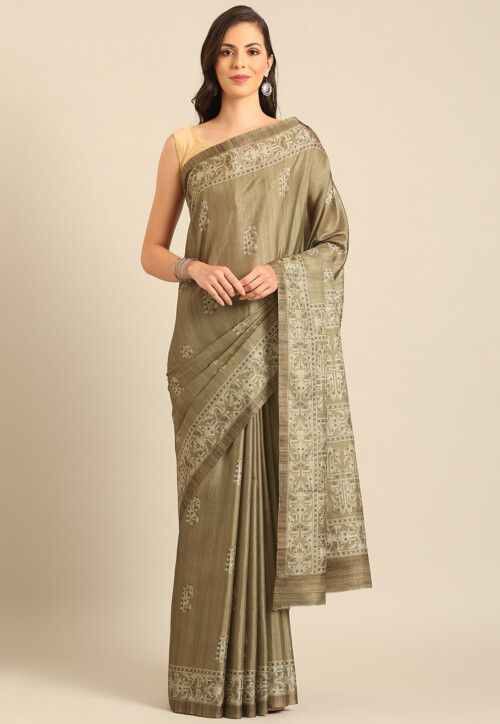 Ikat Printed Cotton Saree in Dusty Green