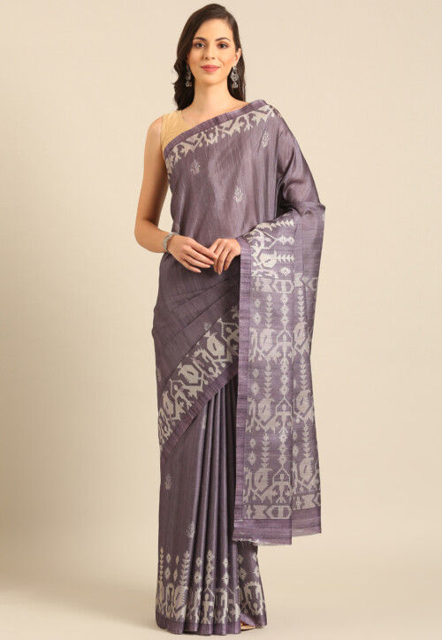 Ikat Printed Cotton Saree in Dusty Purple