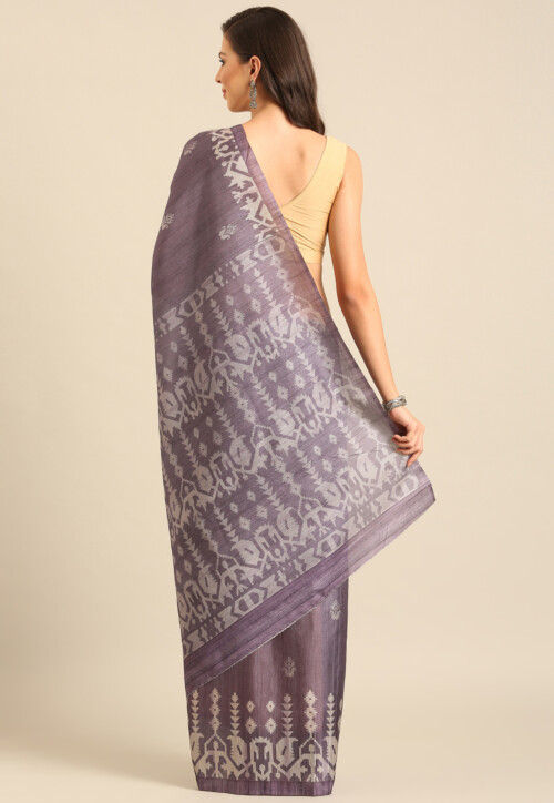 Ikat Printed Cotton Saree in Dusty Purple