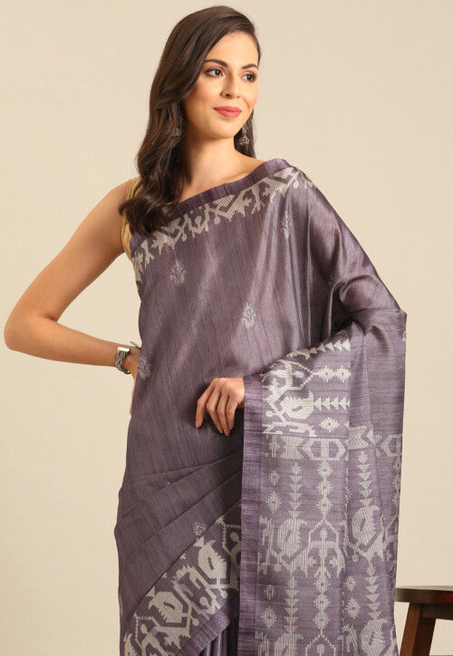 Ikat Printed Cotton Saree in Dusty Purple
