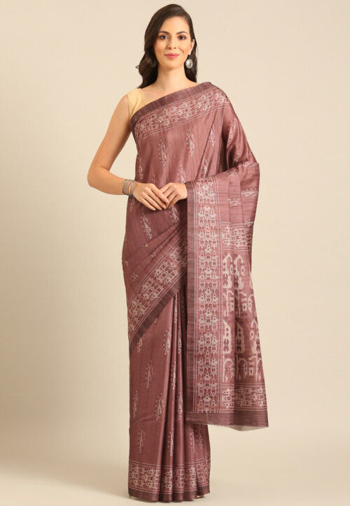 Ikat Printed Cotton Saree in Rust
