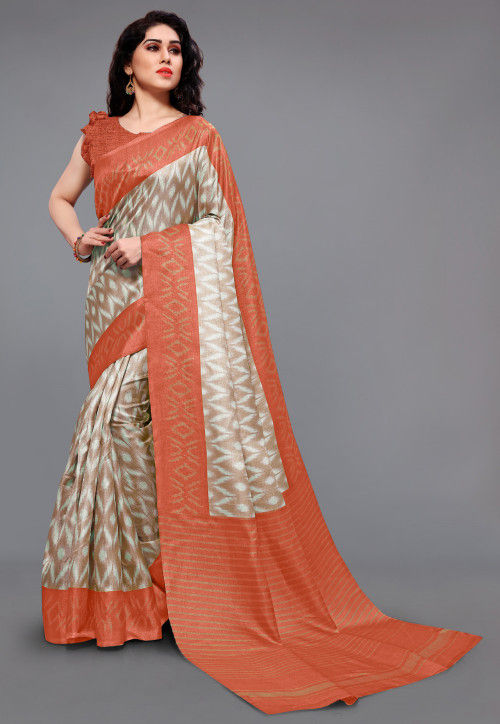 Ikat Printed Cotton Silk Saree in Beige and Orange
