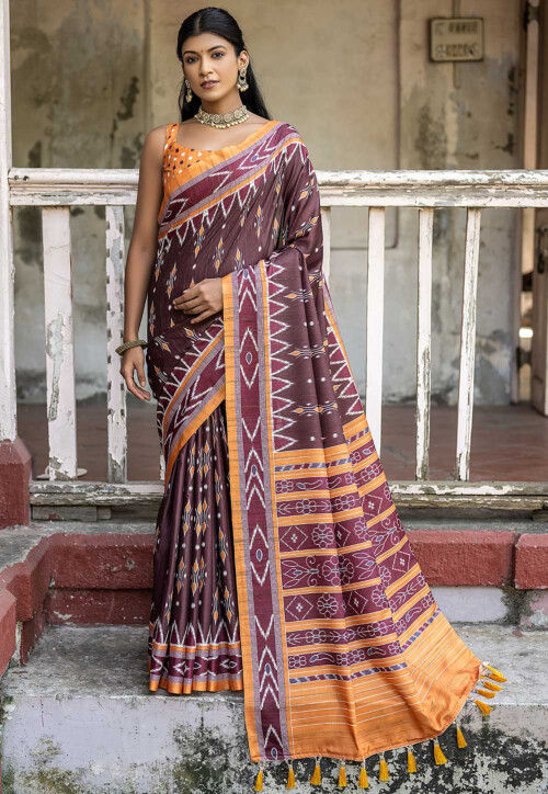 Ikat Printed Cotton Silk Saree in Brown