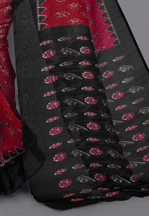 Ikat Printed Cotton Silk Saree in Maroon : SJRA1395