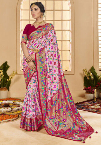Ikat Printed Cotton Silk Saree in Pink