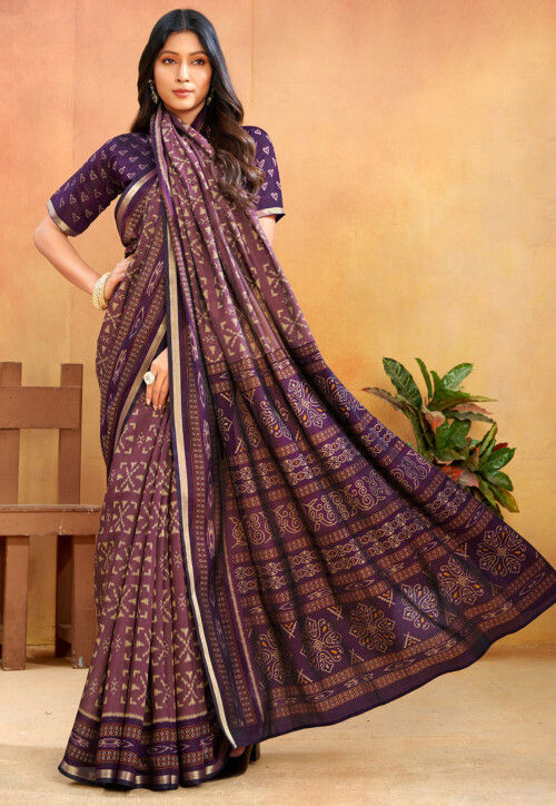 Ikat Printed Cotton Silk Saree in Purple
