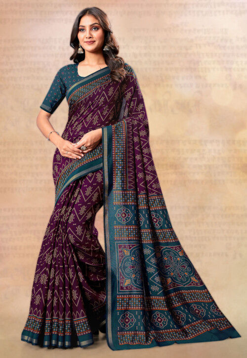 Ikat Printed Cotton Silk Saree in Purple