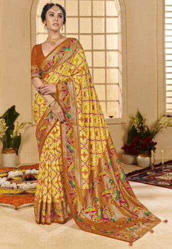 Ikat Printed Cotton Silk Saree in Yellow