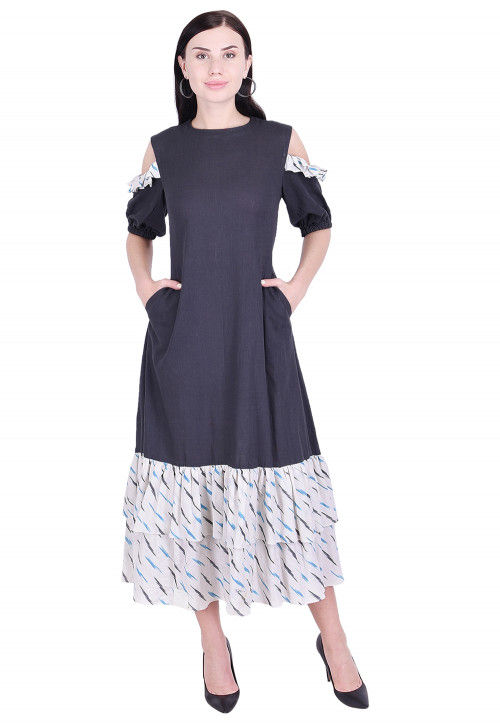 Ikat Woven Cotton Slub Frilled Hem Dress in Dark Grey