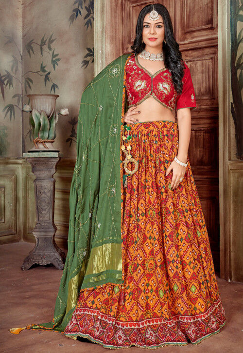Orange - Mirror Work - Lehenga Cholis: Buy Indian Lehenga Outfits Online |  Utsav Fashion