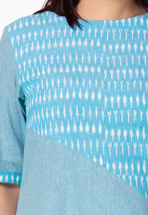 Ikat Printed Linen Cotton A Line Kurta in Light Blue
