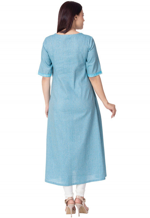 Ikat Printed Linen Cotton A Line Kurta in Light Blue