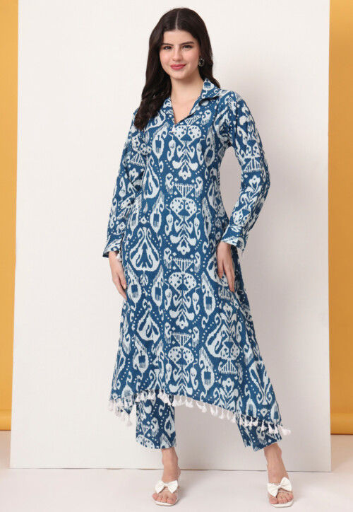 Ikat Printed Pure Cotton A Line Kurta Set in Blue