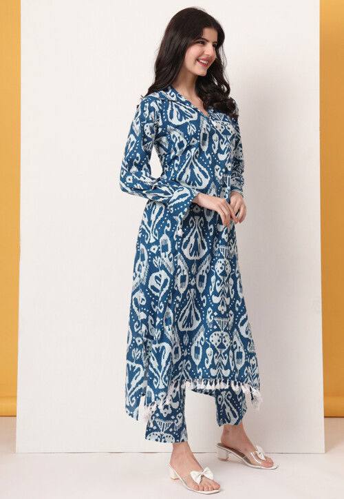 Ikat Printed Pure Cotton A Line Kurta Set in Blue