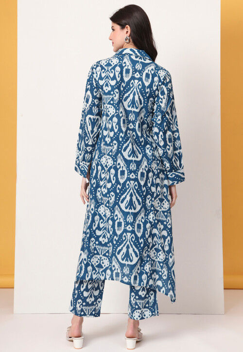 Ikat Printed Pure Cotton A Line Kurta Set in Blue