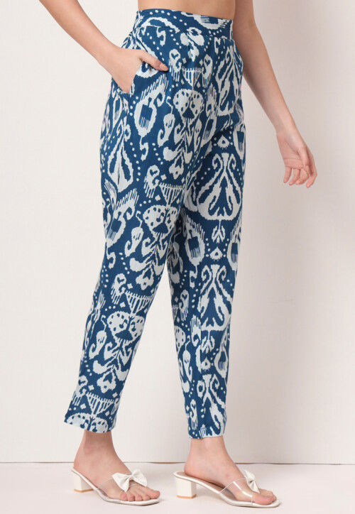 Ikat Printed Pure Cotton A Line Kurta Set in Blue