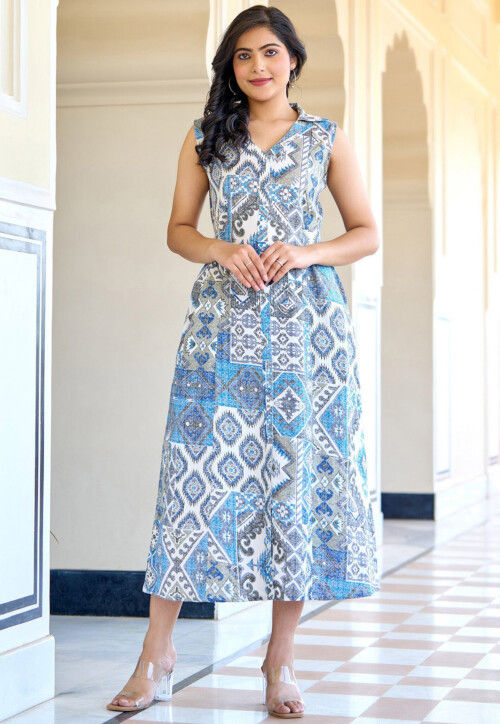 Buy Ikat Printed Pure Cotton Aline Dress in White and Blue Online : TUV818 - Utsav Fashion Buy Ikat Printed Pure Cotton Aline Dress in White and Blue Online : TUV818 - Utsav Fashion