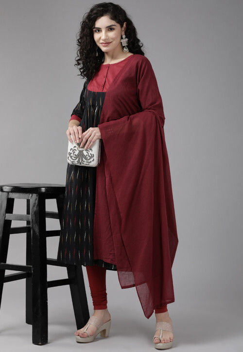 Ikat Printed Pure Cotton Straight Suit in Black