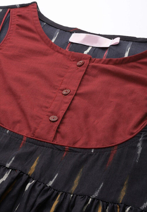 Ikat Printed Pure Cotton Straight Suit in Black