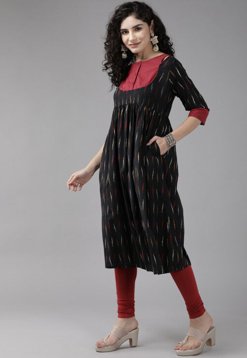 Ikat Printed Pure Cotton Straight Suit in Black