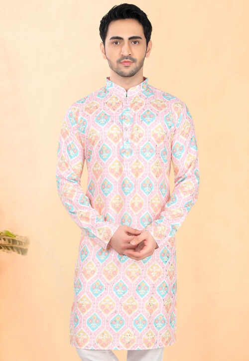 Ikat Printed Rayon Kurta in Pink
