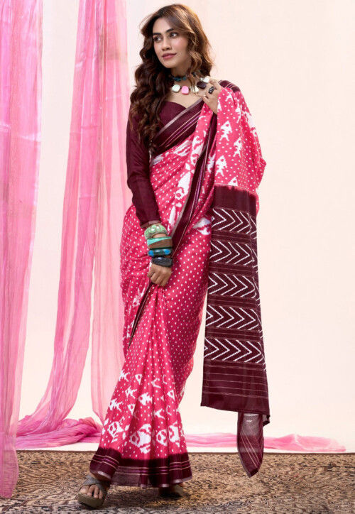 Ikat Printed Tussar Silk Saree in Pink