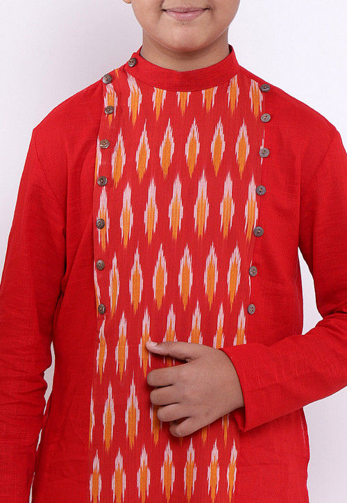 Ikat Woven Cotton Asymmetric Kurta in Red