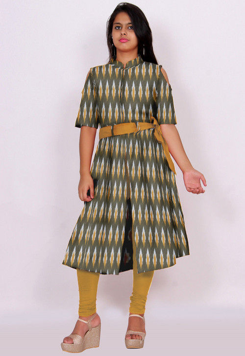 Ikat Woven Cotton Front Slit Kurta in Olive Green