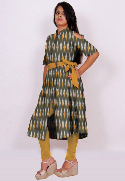 Ikat Woven Cotton Front Slit Kurta in Olive Green