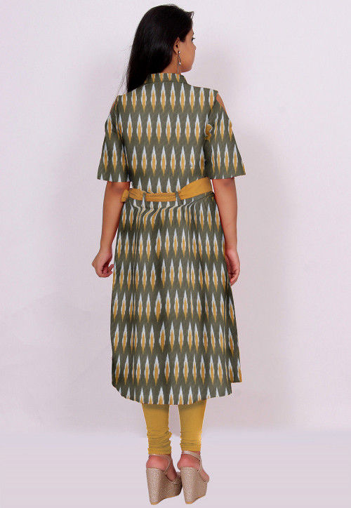 Ikat Woven Cotton Front Slit Kurta in Olive Green