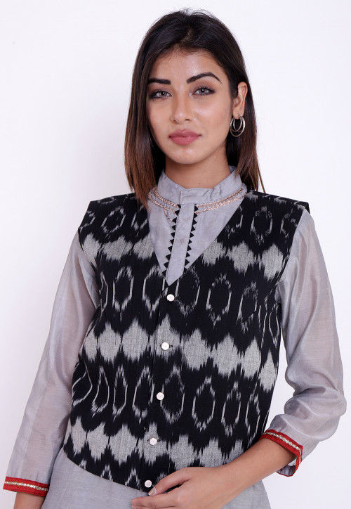 Buy Ikat Woven Cotton Jacket in Black and Grey Online TJW1414 Utsav Fashion