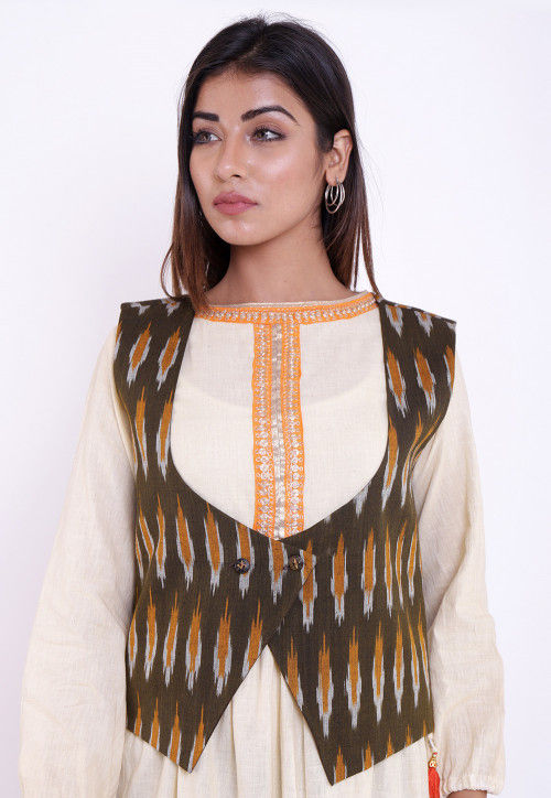 Ikat Woven Cotton Jacket in Olive Green