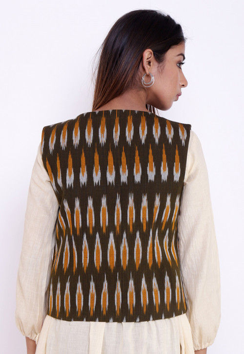 Ikat Woven Cotton Jacket in Olive Green