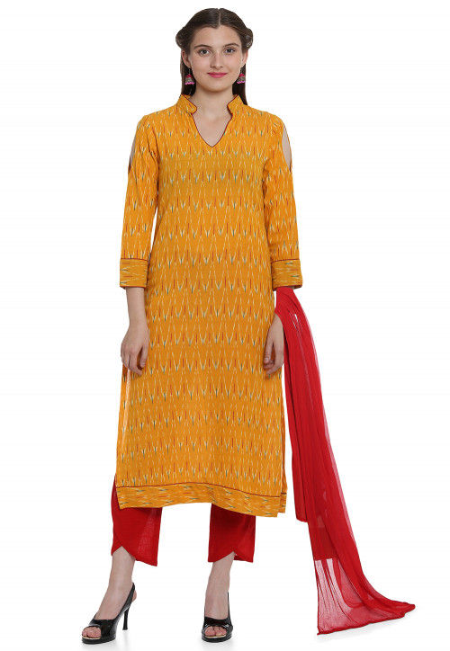 Ikat Woven Cotton Pakistani Suit in Mustard