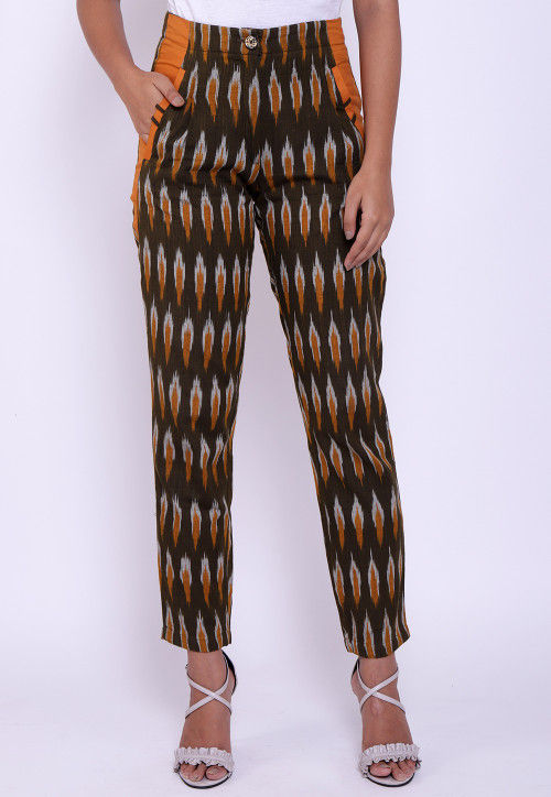 Ikat Woven Cotton Pant in Dark Brown