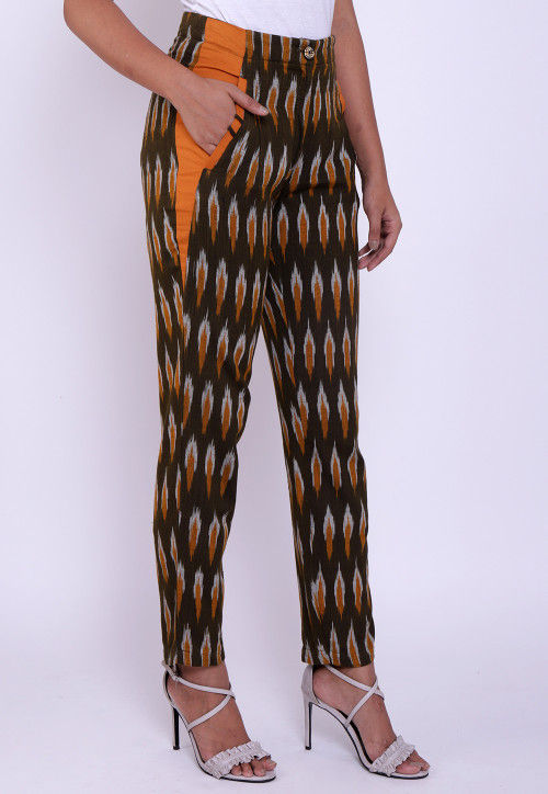 Ikat Woven Cotton Pant in Dark Brown