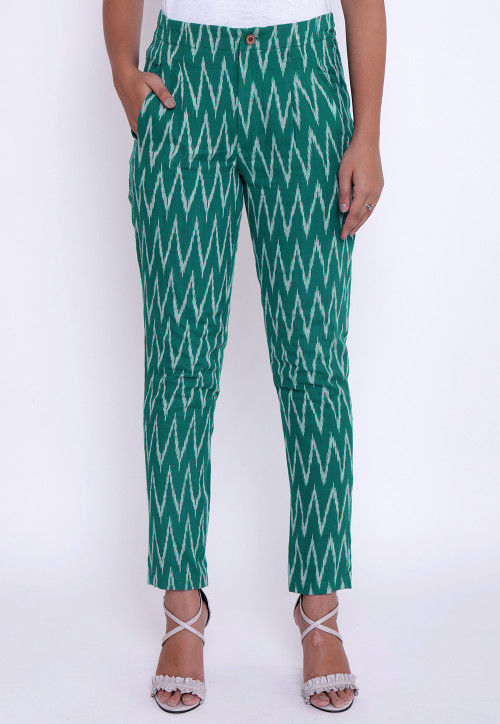 Ikat Woven Cotton Pant in Teal Green