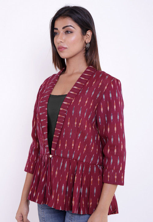 Ikat Woven Cotton Peplum Style Jacket in Wine