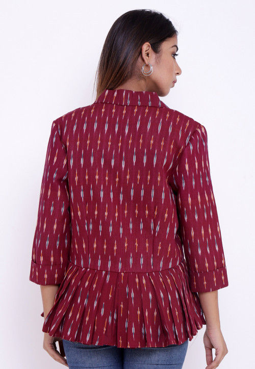 Ikat Woven Cotton Peplum Style Jacket in Wine