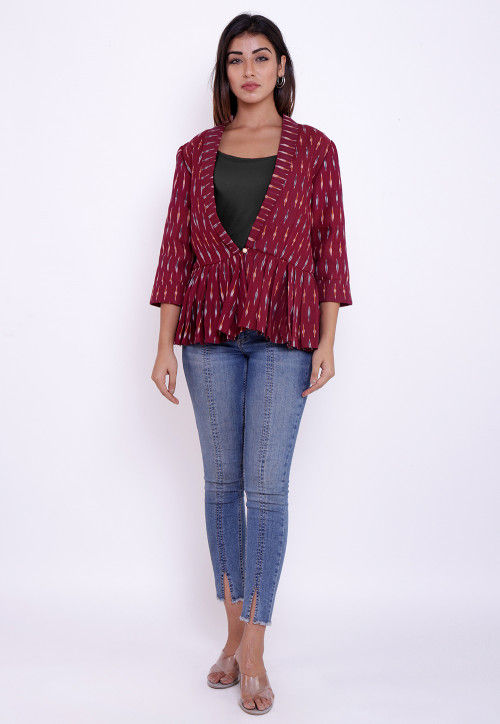 Ikat Woven Cotton Peplum Style Jacket in Wine