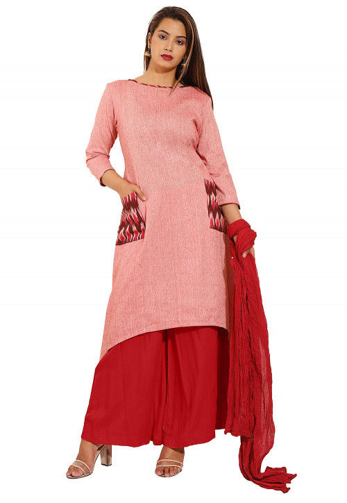 Ikat Woven Linen Cotton Pakistani Suit in Pink