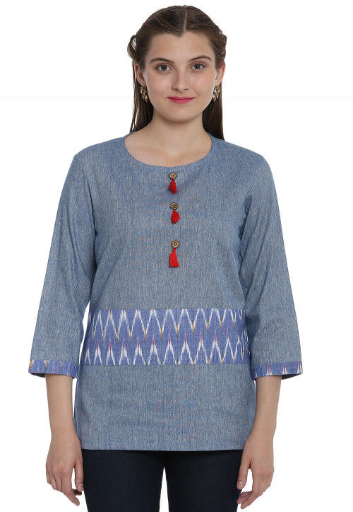 Ikat Woven Linen Cotton Top in Grey
