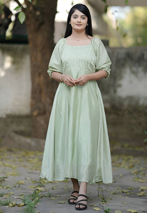 Solid Color Chinon Silk Maxi Dress in Light Green