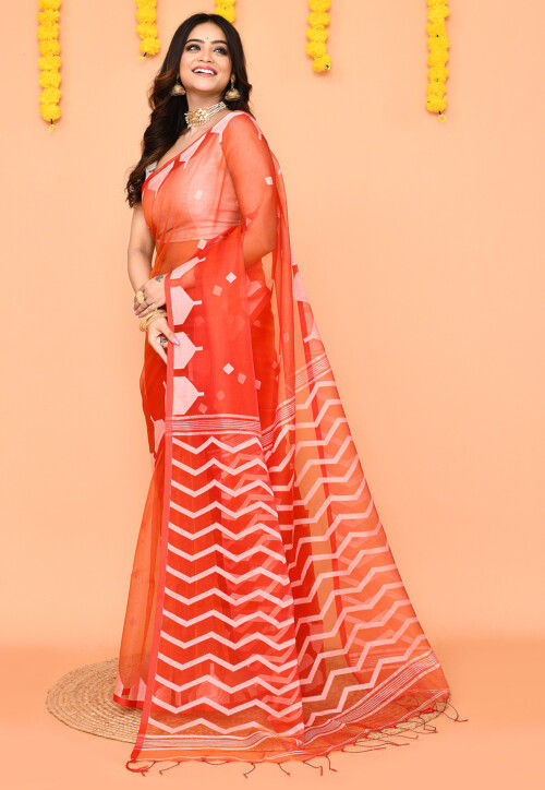 Jamdani Art Silk Saree in Orange