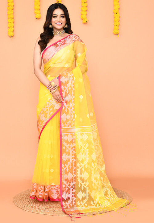 Jamdani Art Silk Saree in Yellow