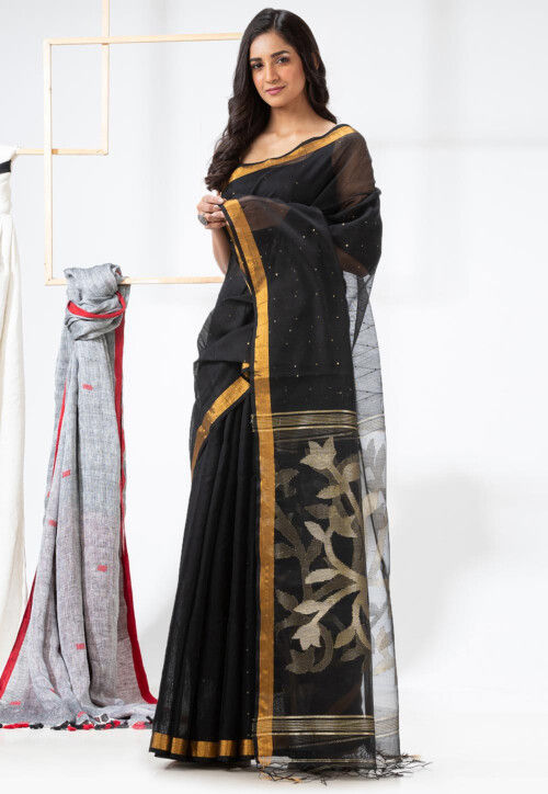 Jamdani Cotton Silk Saree in Black
