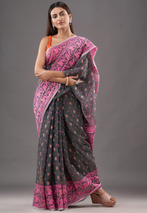 Jamdani Cotton Silk Saree in Grey