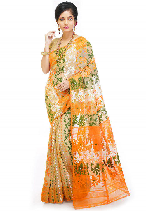 Jamdani Cotton Silk Saree in Light Beige and Multicolor