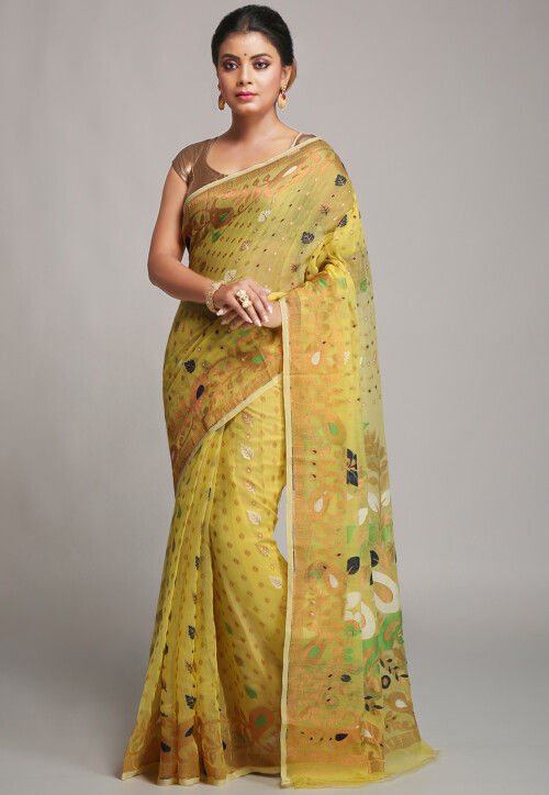 Jamdani Cotton Silk Saree in Light Yellow