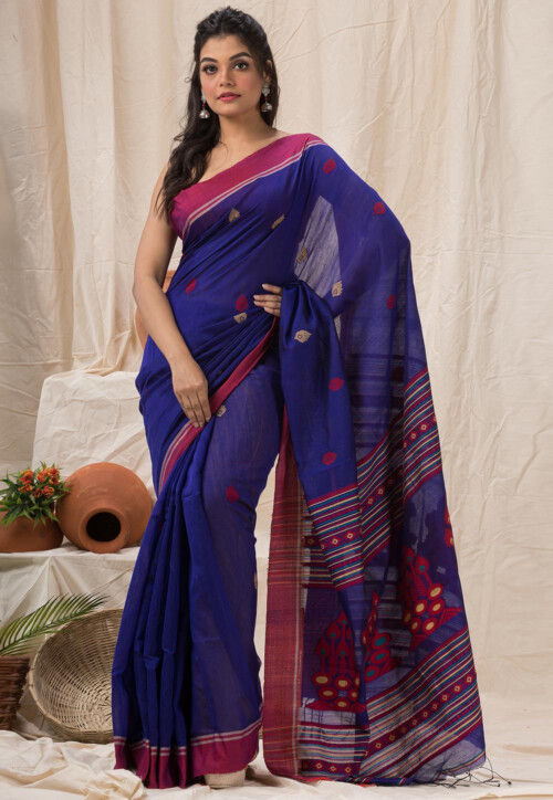 Jamdani Cotton Silk Saree in Royal Blue
